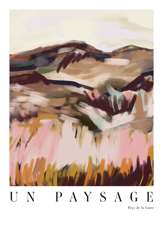  – Abstrakt maleri af et landskab i forskellige brune og lyserøde nuancer og tekst nedenunder