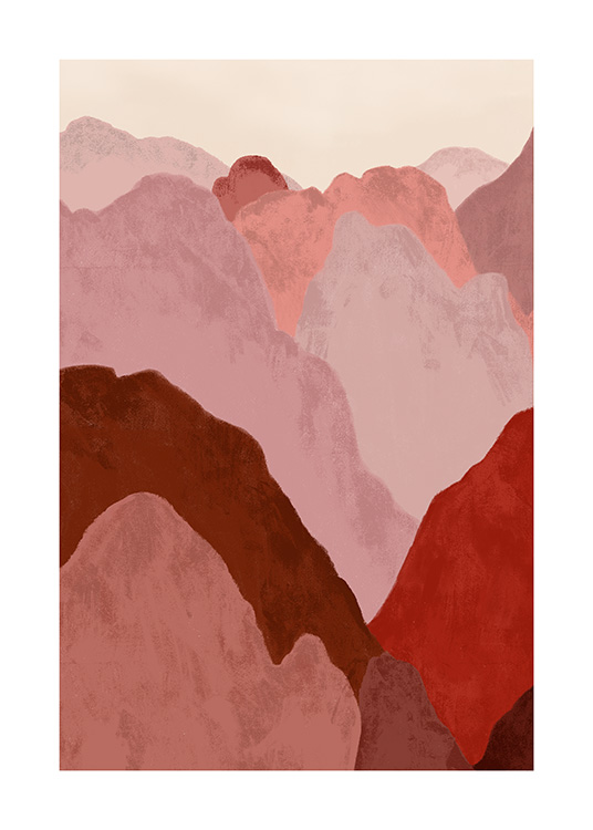  – Illustration med et lyserødt og rødt abstrakt bjerglandskab