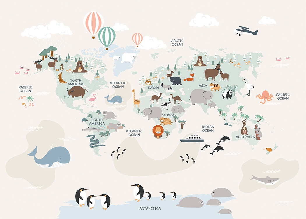  – Illustration med et verdenskort og dyr på kontinenterne