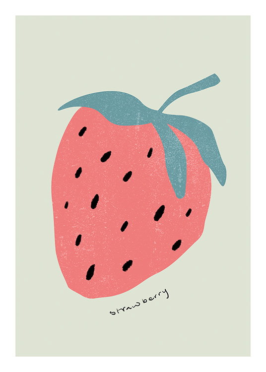  – Illustration med et rødt jordbær og sort tekst mod en lysegrøn baggrund