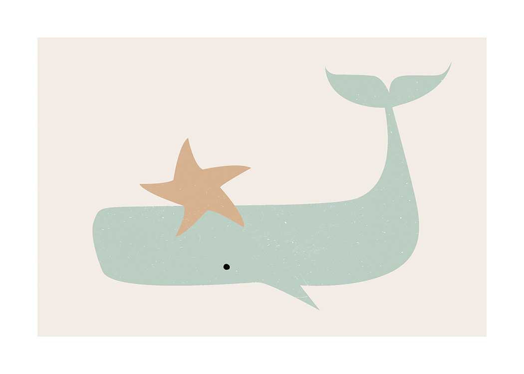  – Grafisk illustration med en beige søstjerne og en grøn hval på en lys beige baggrund