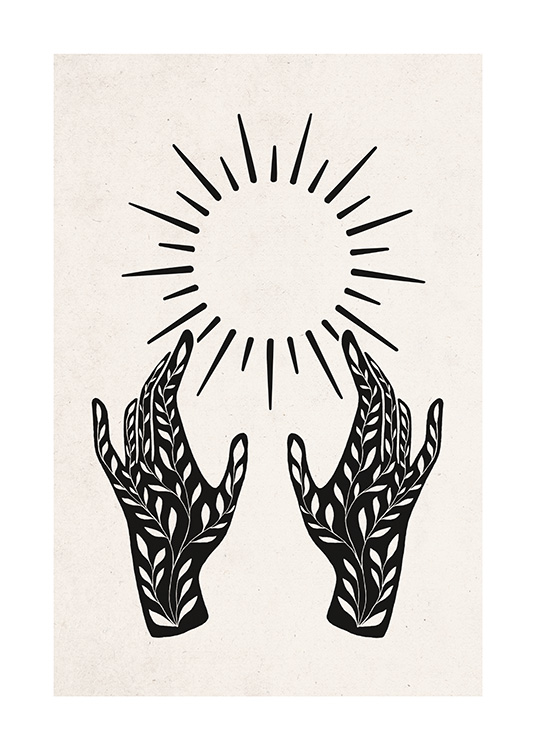  – Grafisk illustration med solstråler over sorte hænder med bladmønster på en beige baggrund