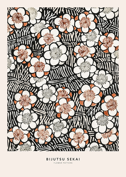  – Illustration med et blomstermønster i sort og brunt og tekst nedenunder