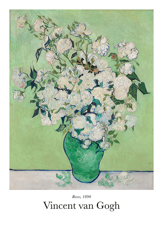 – Maleri af hvide roser i en stor buket, der står i en grøn vase, mod en grøn baggrund