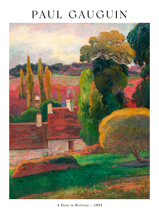  – Maleri af et farverigt landskab i rødt og grønt med to huse i midten