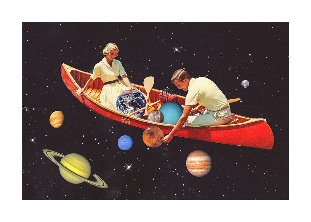  – Illustration med en kvinde og en mand i en rød kano omgivet af planeter i rummet