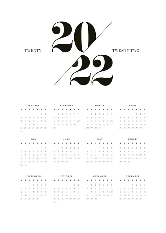  – Årskalender for 2022 med måneder og datoer skrevet med sort på en hvid baggrund