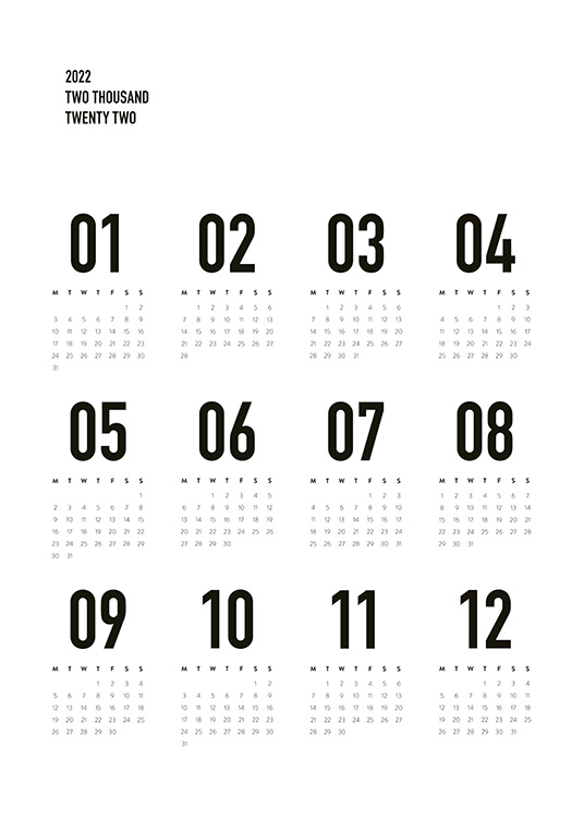 – 2022-kalender med en oversigt over året skrevet med sort på en hvid baggrund