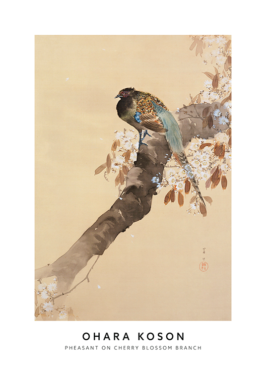 – Et maleri af en fugl, der sidder på en gren med hvide kirsebærblomster