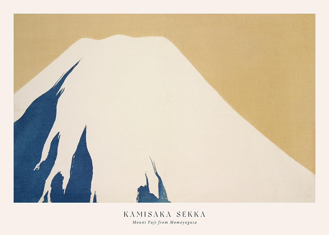 – Maleri med et bjerg i blåt og lys beige på en gul baggrund