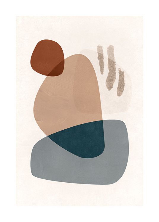– Grafisk illustration med abstrakte figurer i gråblåt, beige og brunt på en lys baggrund