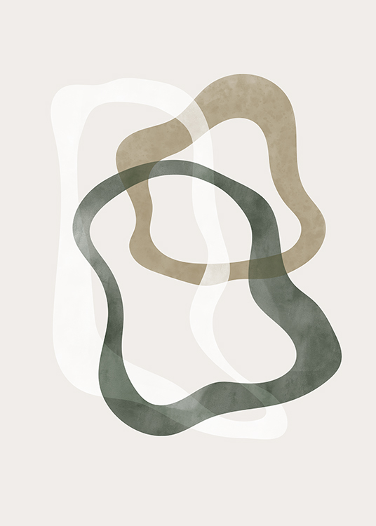 – Abstrakt maleri med grønne, beige og offwhite cirkler, der ikke er helt runde, på en lys beige baggrund