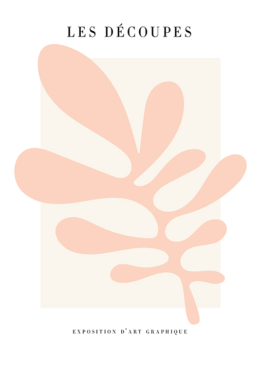 – Grafisk illustration med et abstrakt blad i lyserødt på en lys beige baggrund og tekst ovenover og nedenunder