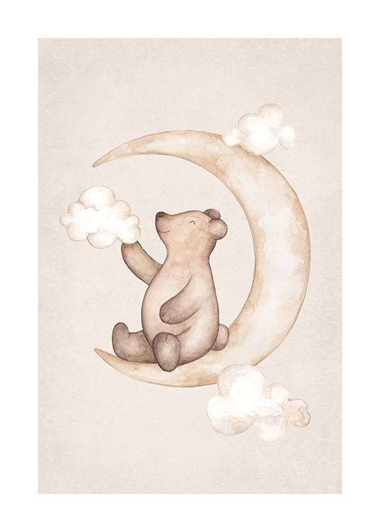 – Illustration i form af en akvarel med en smilende bjørn, der sidder på en måne med skyer omkring sig
