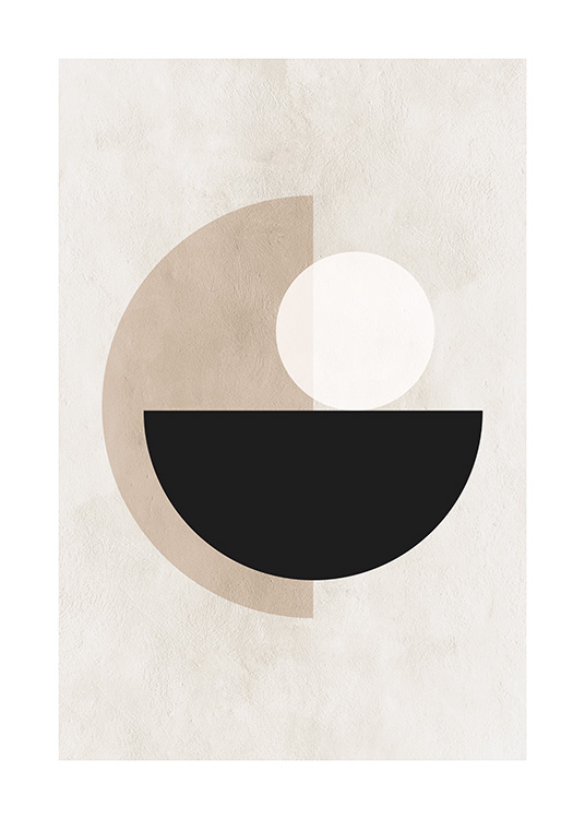 – En grafisk plakat med cirkler og figurer i beige, sort og hvidt på en beige baggrund