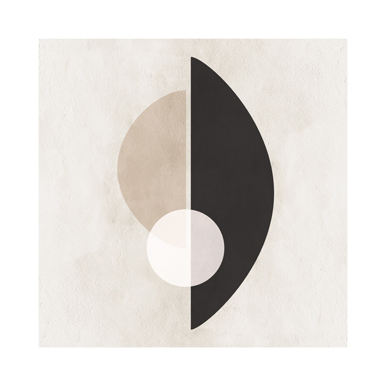 – En grafisk plakat med beige, sorte og hvide cirkler og en beige baggrund