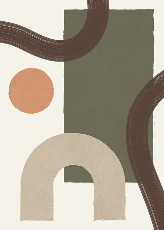 – En funky geometrisk plakat med grønne, brune, beige og orange farver