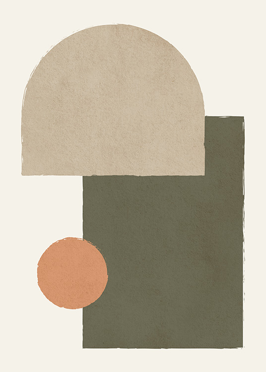 – En cool og moderne plakat med geometriske figurer i beige, grøn og orange