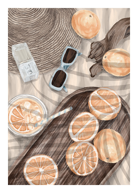– Plakat af en picnic med appelsiner og tilbehør