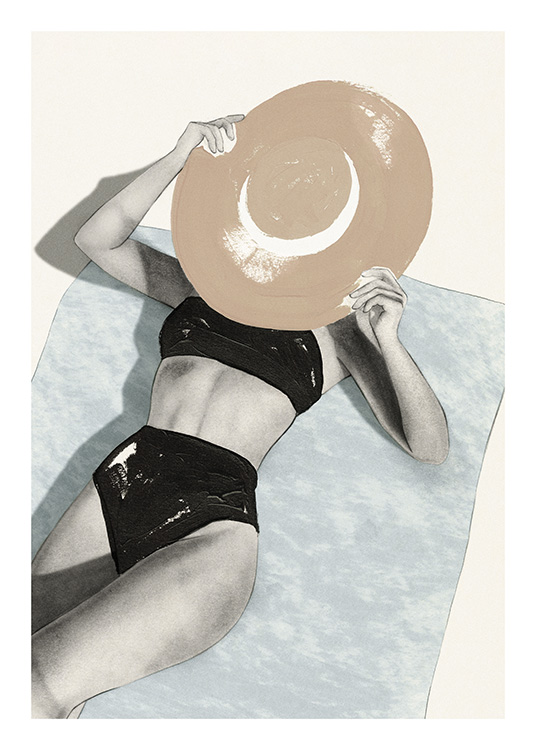 – Print af en kvinde, der solbader med en solhat