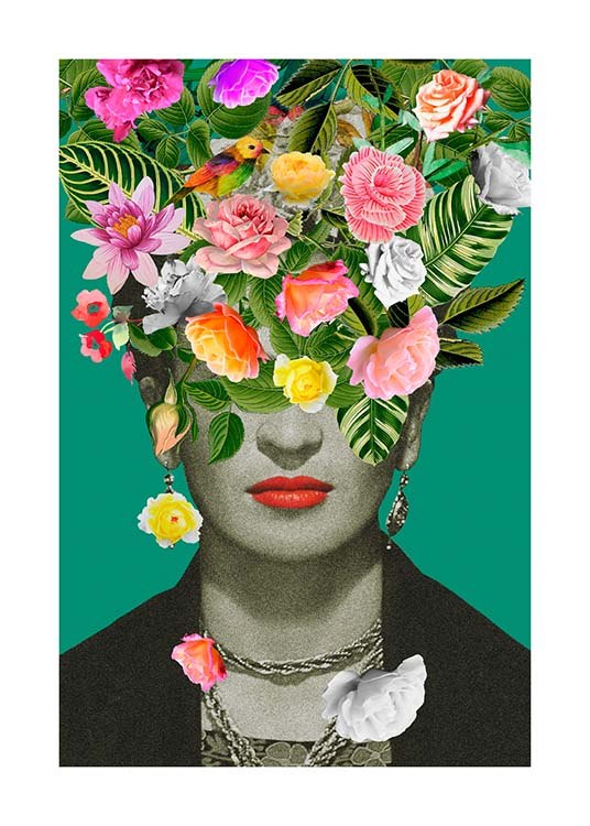  – Grafisk illustration med Frida Kahlo dækket af blomster på en grøn baggrund