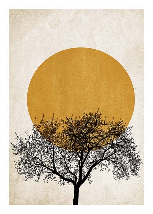  – Grafisk illustration med et sort træ foran en mørkegul sol og beige baggrund