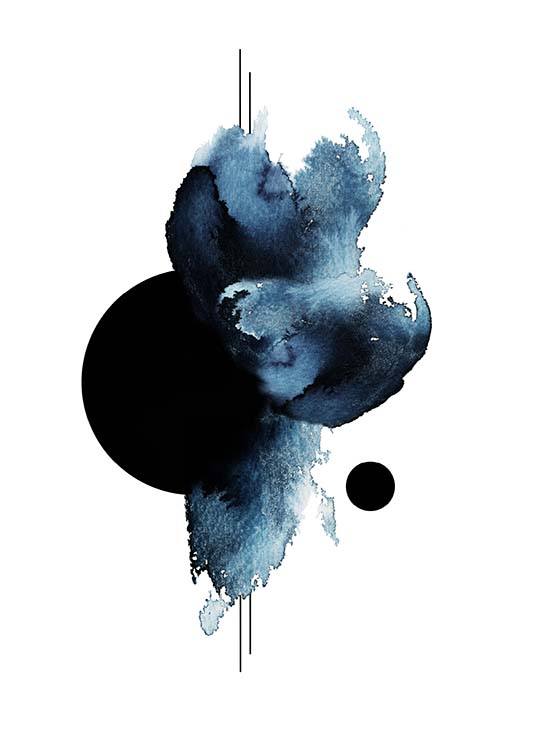  – Akvarel med abstrakte figurer i sort og blå på en hvid baggrund