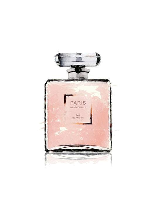  – Lyserød akvarel med illustration af en parfumeflaske med ordet PARIS