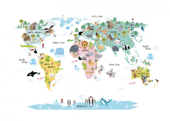  – Verdenskort med illustrerede kontinenter og dyr