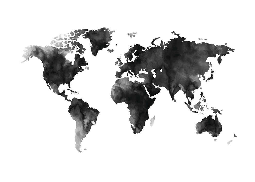  – Sort-hvid akvarel med et verdenskort
