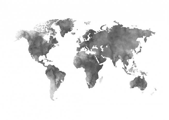  – Akvarel med et gråt verdenskort på hvid baggrund