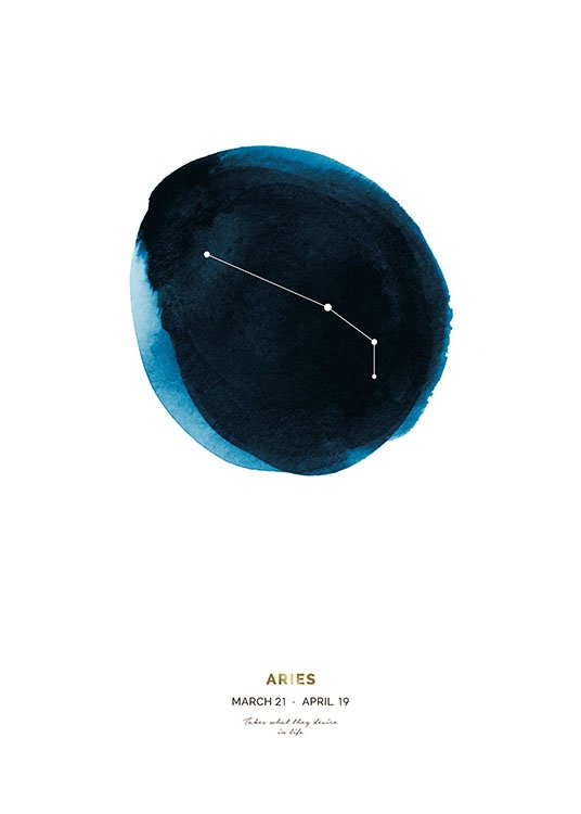  – Stjernetegnet Vædderen på en blå akvarelcirkel med tekst under