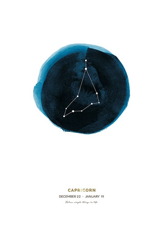  – Plakat med stjernetegnet Stenbukken på en blå cirkel og tekst forneden