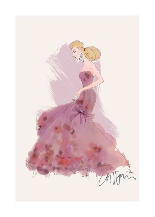 – Illustration, der forestiller en kvinde iført en lang, lilla kjole med lyserøde detaljer