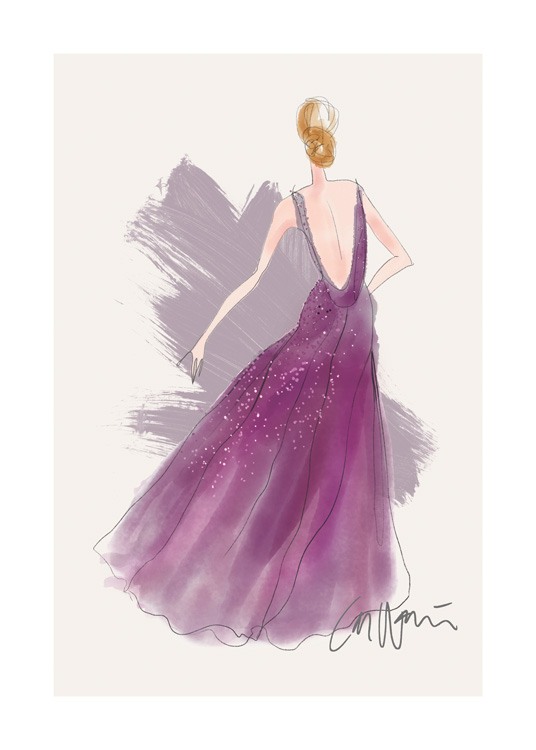  – Illustration, der forestiller en kvinde iført en lilla kjole med dyb udskæring i ryggen og pailletter på skørtet mod en beige baggrund