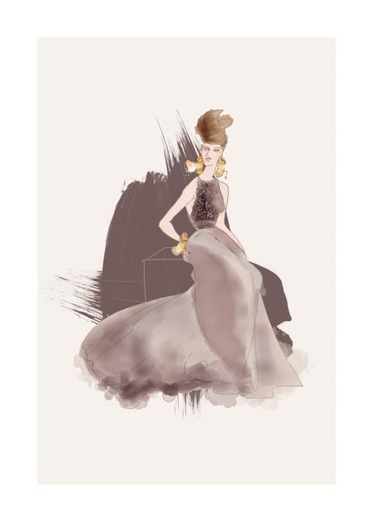  – Illustration, der forestiller en kvinde i en mørkegrå kjole med en perlebesat overdel mod en beige baggrund
