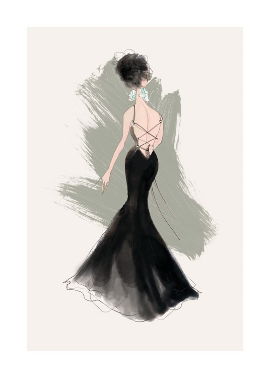  – Illustration, der forestiller en kvinde med diamantøreringe iført en sort kjole med snører i ryggen