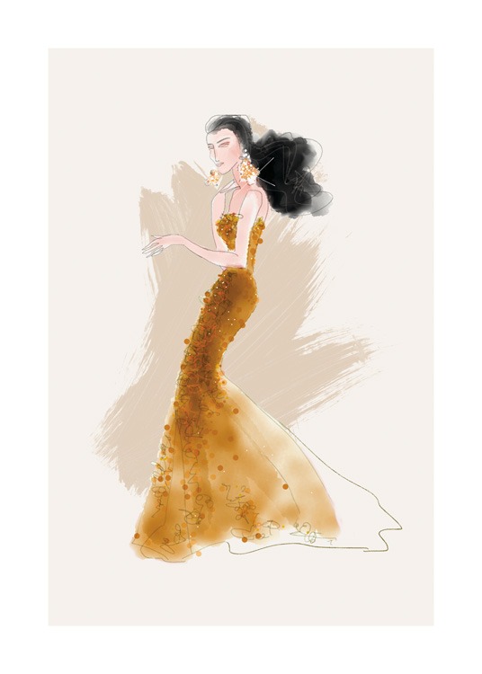  – Illustration, der forestiller en kvinde i en mørkegul kjole med pailletdetaljer mod en beige baggrund