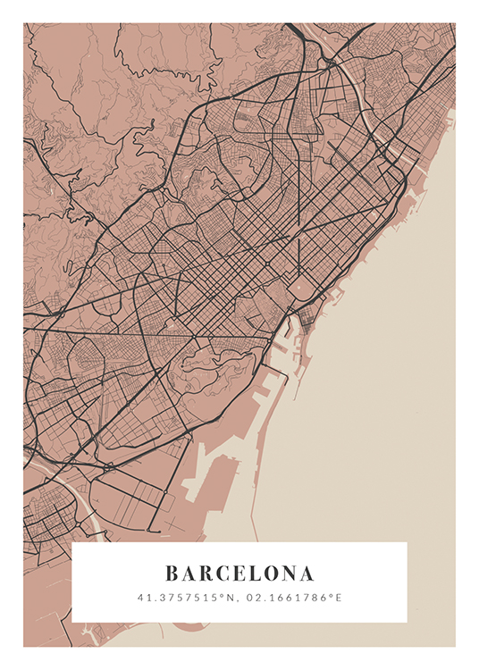  – Bykort i lyserødt, mørkegrå og beige med koordinater og bynavn forneden