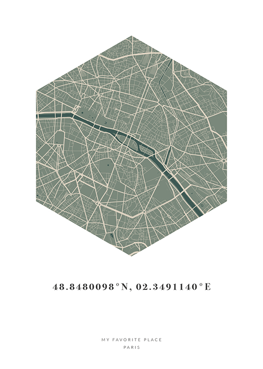  – Sekskantet bykort i beige og grønt med koordinater og tekst nedenunder