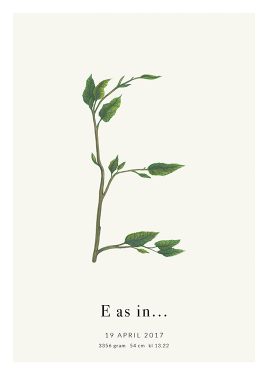  – Bogstavet E dannet af grønne blade med tekst nedenunder