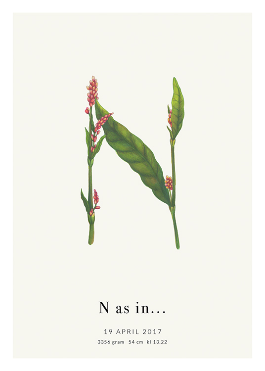  – Bogstavet N dannet af røde blomster og grønne blade med tekst nedenunder