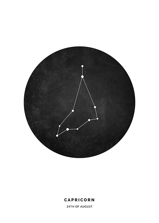  – Illustration med stjernetegnet Stenbukken i en sort cirkel på en hvid baggrund