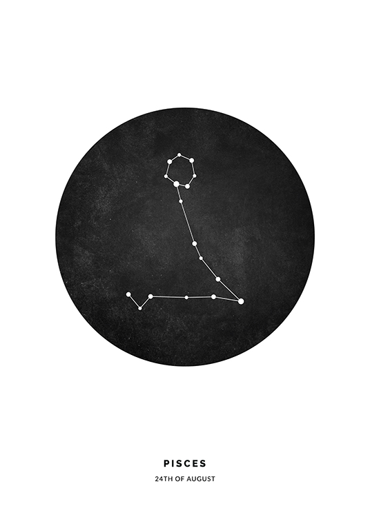  – Illustration med stjernetegnet Fiskene i en sort cirkel på en hvid baggrund