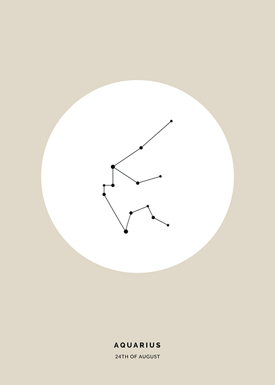  – Illustration med stjernetegnet Vandmanden i sort i en hvid cirkel på en beige baggrund