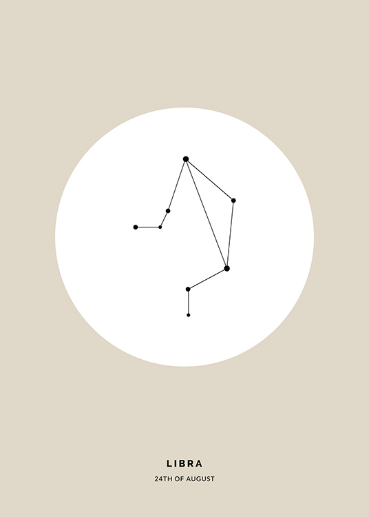  – Illustration med stjernetegnet Vægten i sort i en hvid cirkel på en beige baggrund