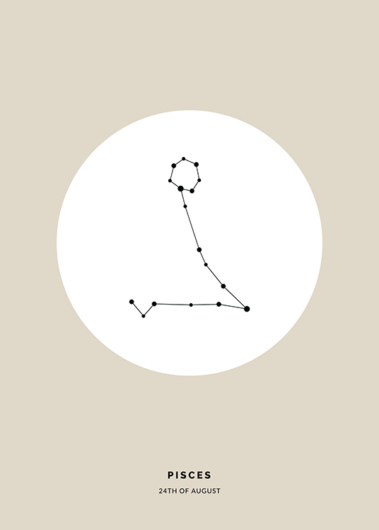  – Illustration med stjernetegnet Fiskene i sort i en hvid cirkel på en beige baggrund