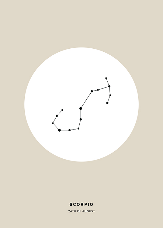  – Illustration med stjernetegnet Skorpionen i sort i en hvid cirkel på en beige baggrund