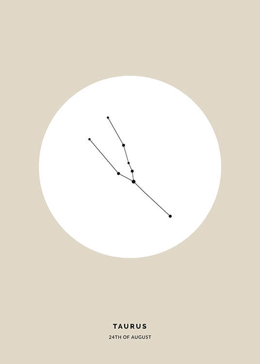  – Illustration med stjernetegnet Tyren i sort i en hvid cirkel på en beige baggrund