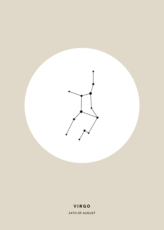  – Illustration med stjernetegnet Jomfruen i sort i en hvid cirkel på en beige baggrund
